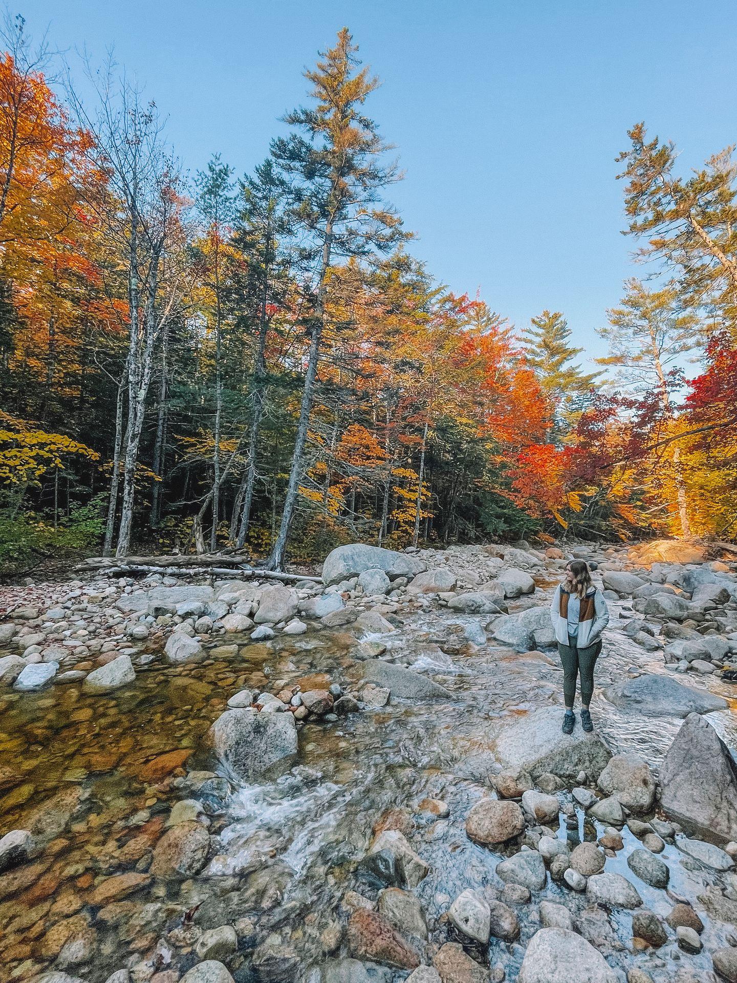 Lydia standing on rocks next a creek. Nearby there are trees with brightly colored foliage.