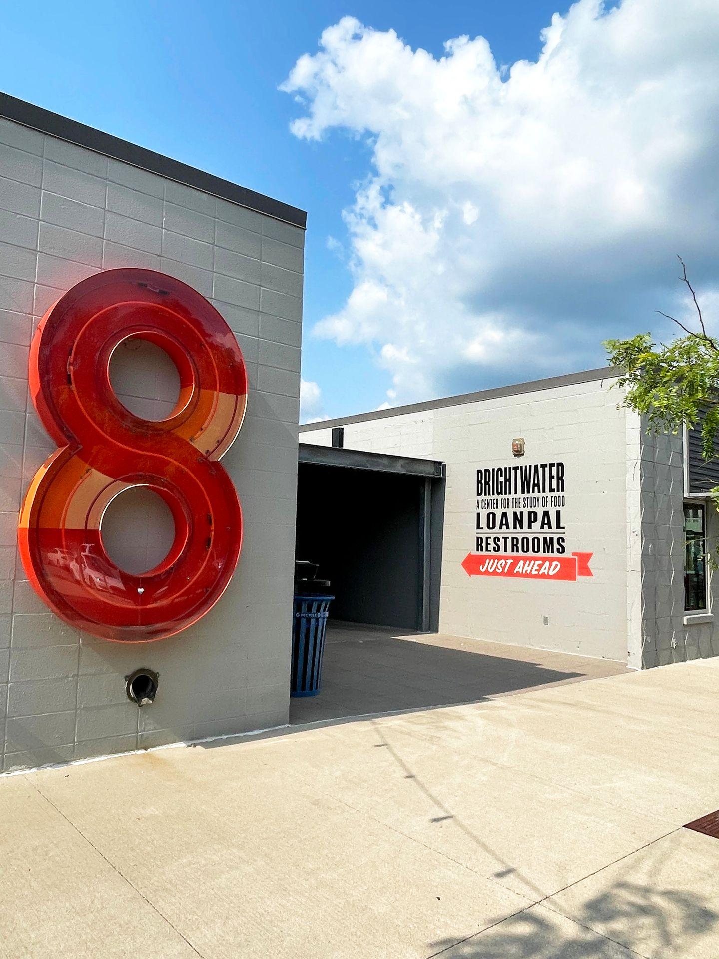 A building with a giant red 8