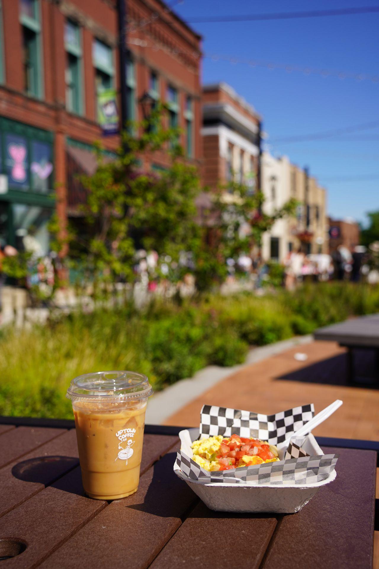 A breakfast bowl and ice coffee from the Marion Farmers Market