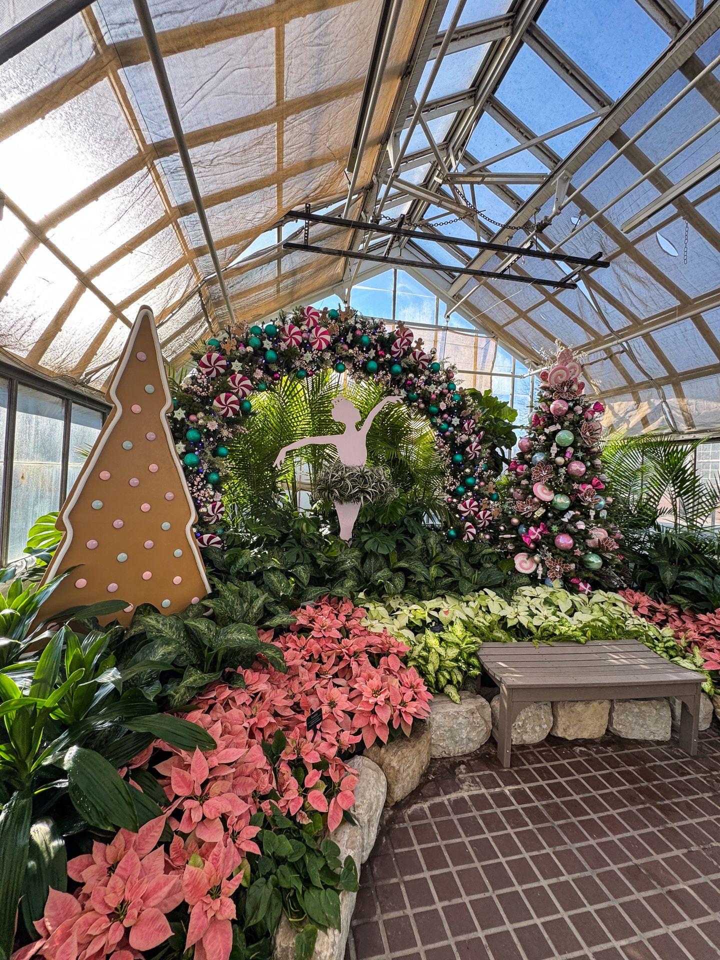 A nutcracker-inspired display with colorful plants at the Franklin Park Conservatory