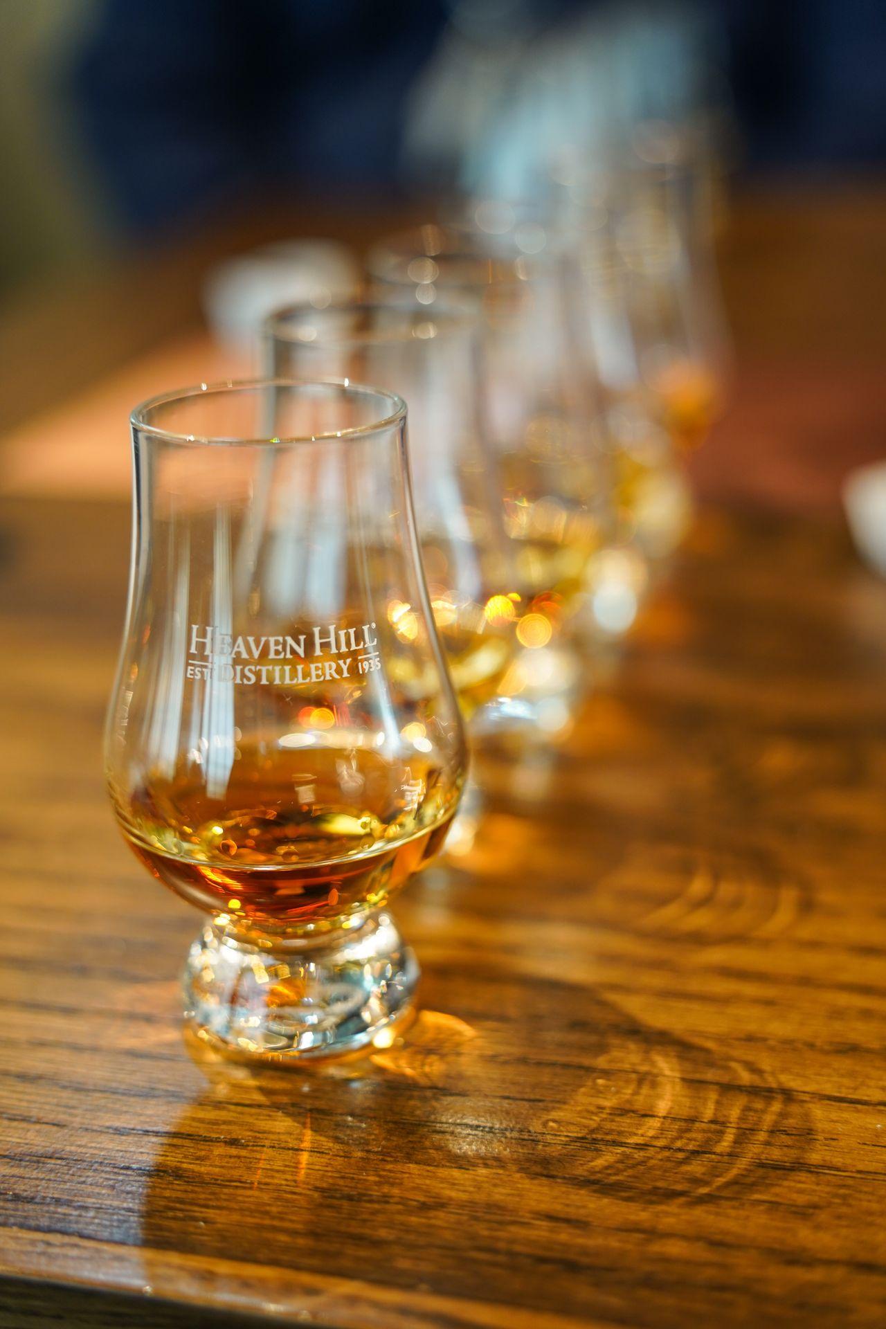 A row of glasses of bourbon during a tasting at Heaven Hill Distillery