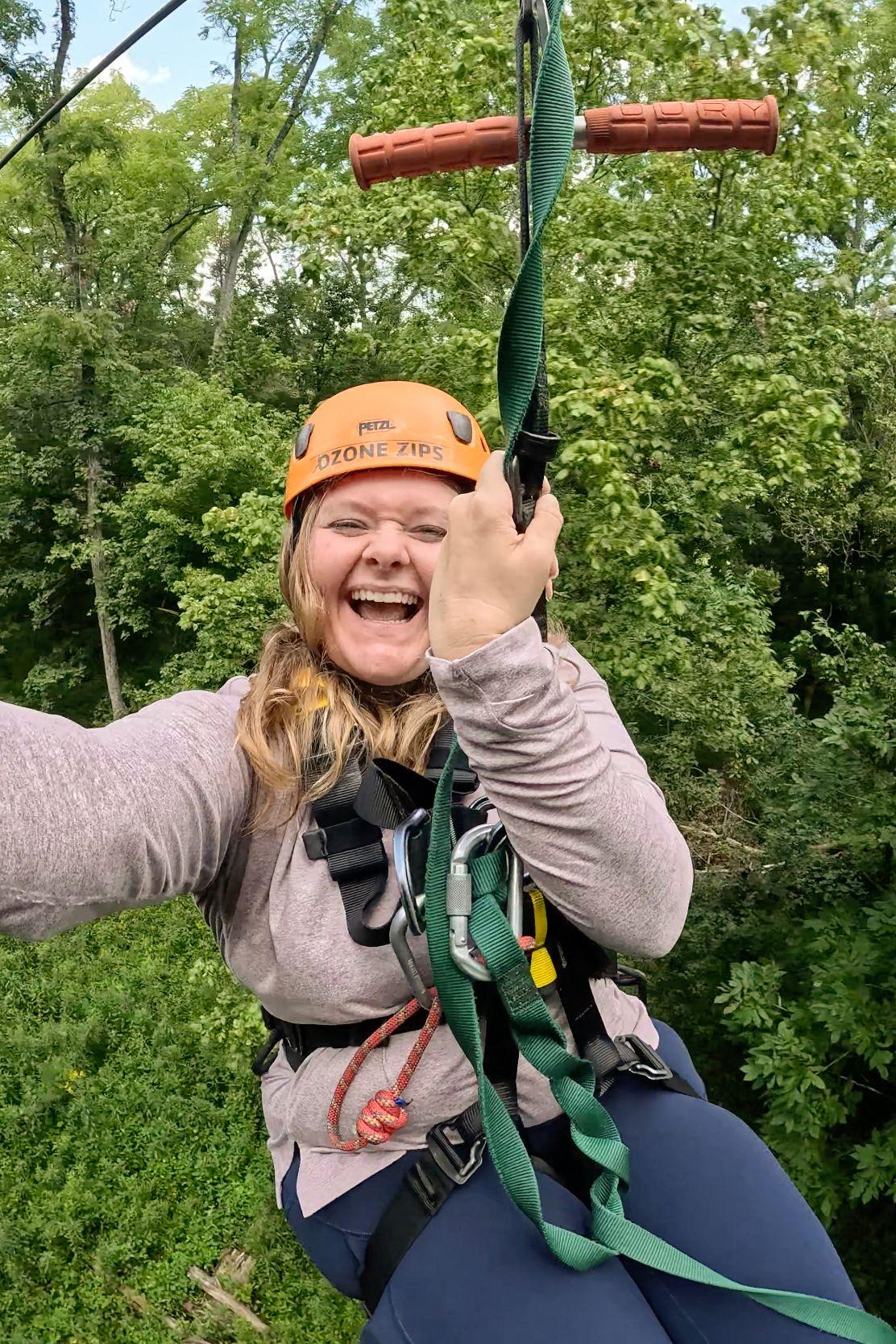 Lydia ziplining at Ozone Zipline Adventures