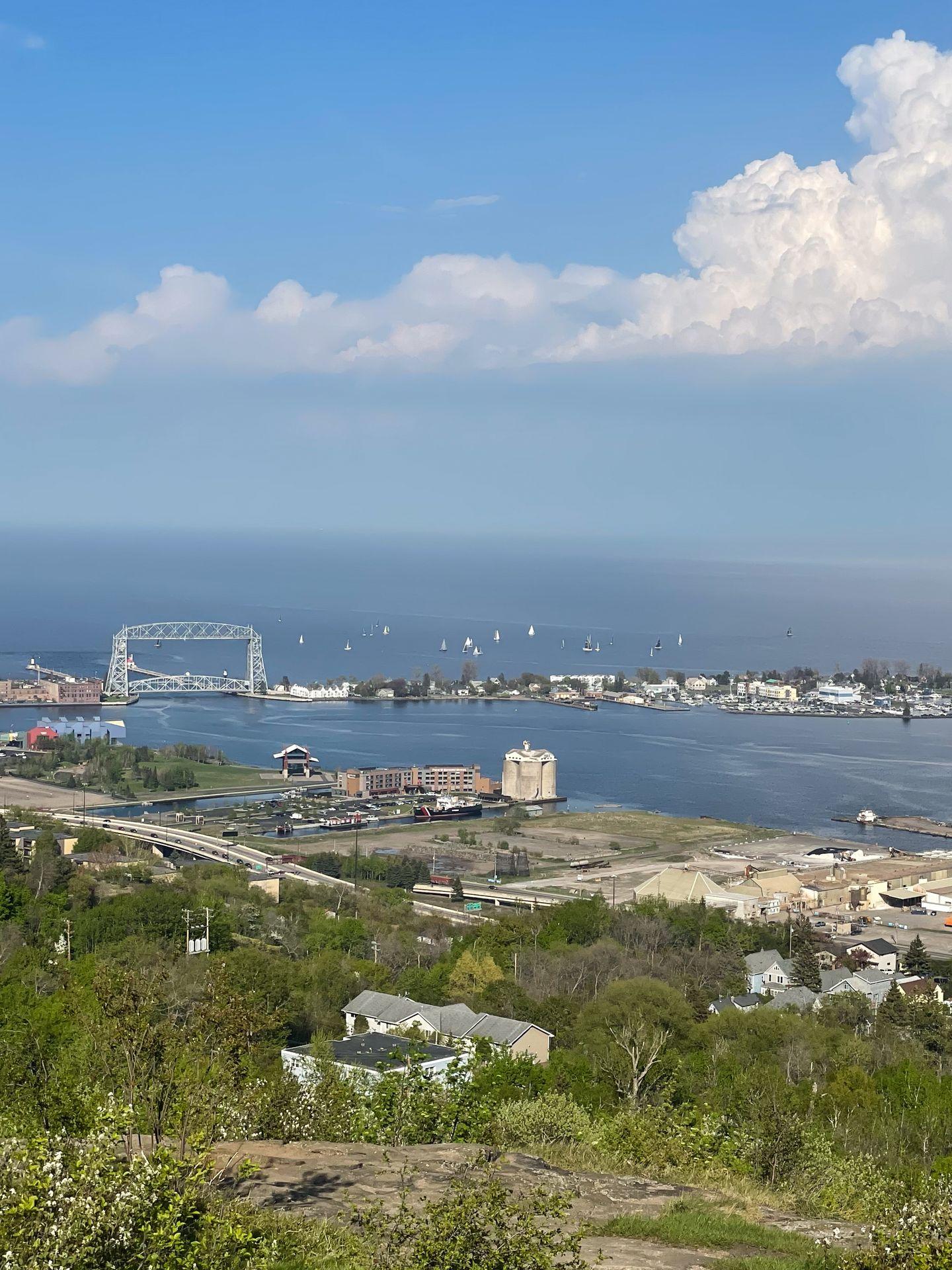 A view of the Aerial Lift Bridge looking down from Enger Park