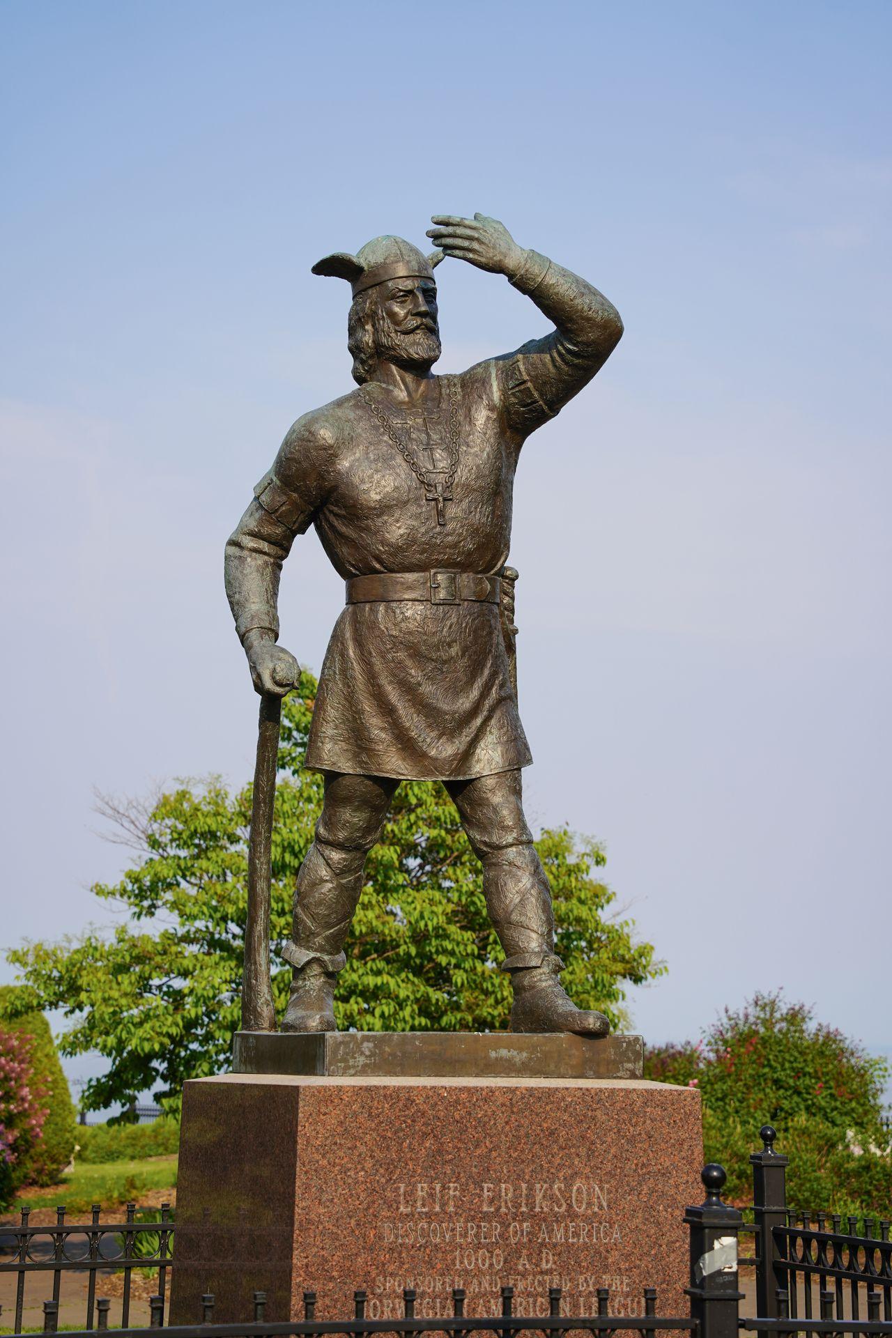 A statue of Leif Erikson standing tall at Leif Erikson Park