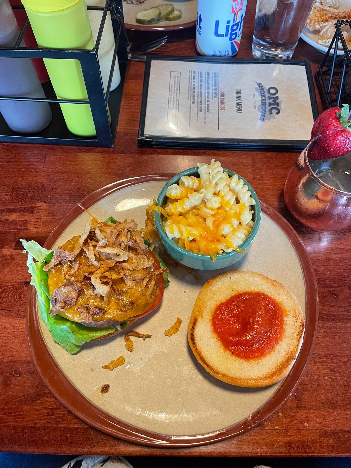 A beyond burger and mac and cheese from OMC Smokehouse