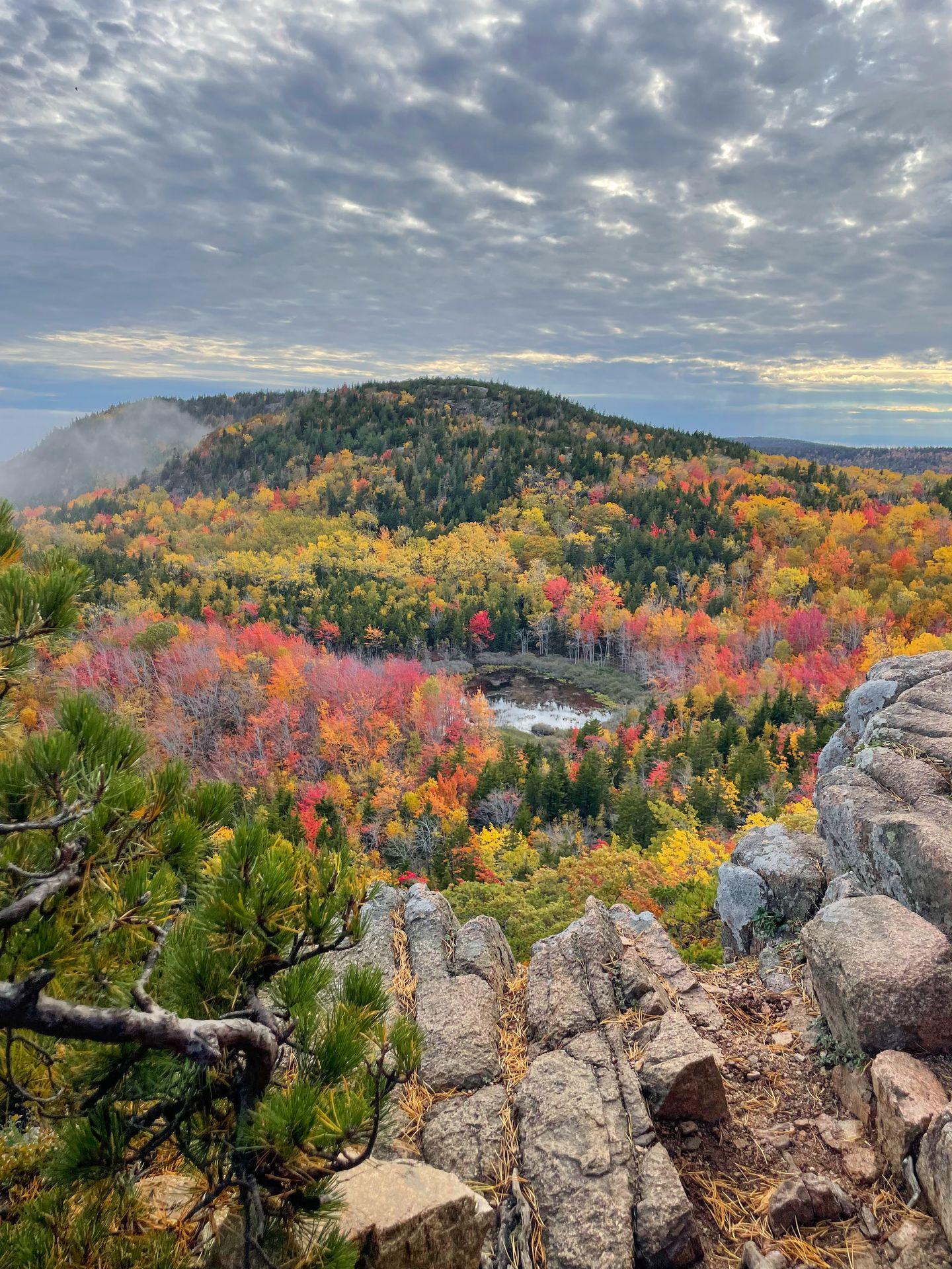 A hill covered in colorful fall foliage, and a small lake in the center, seen from the Beehive Trail in Acadia National Park