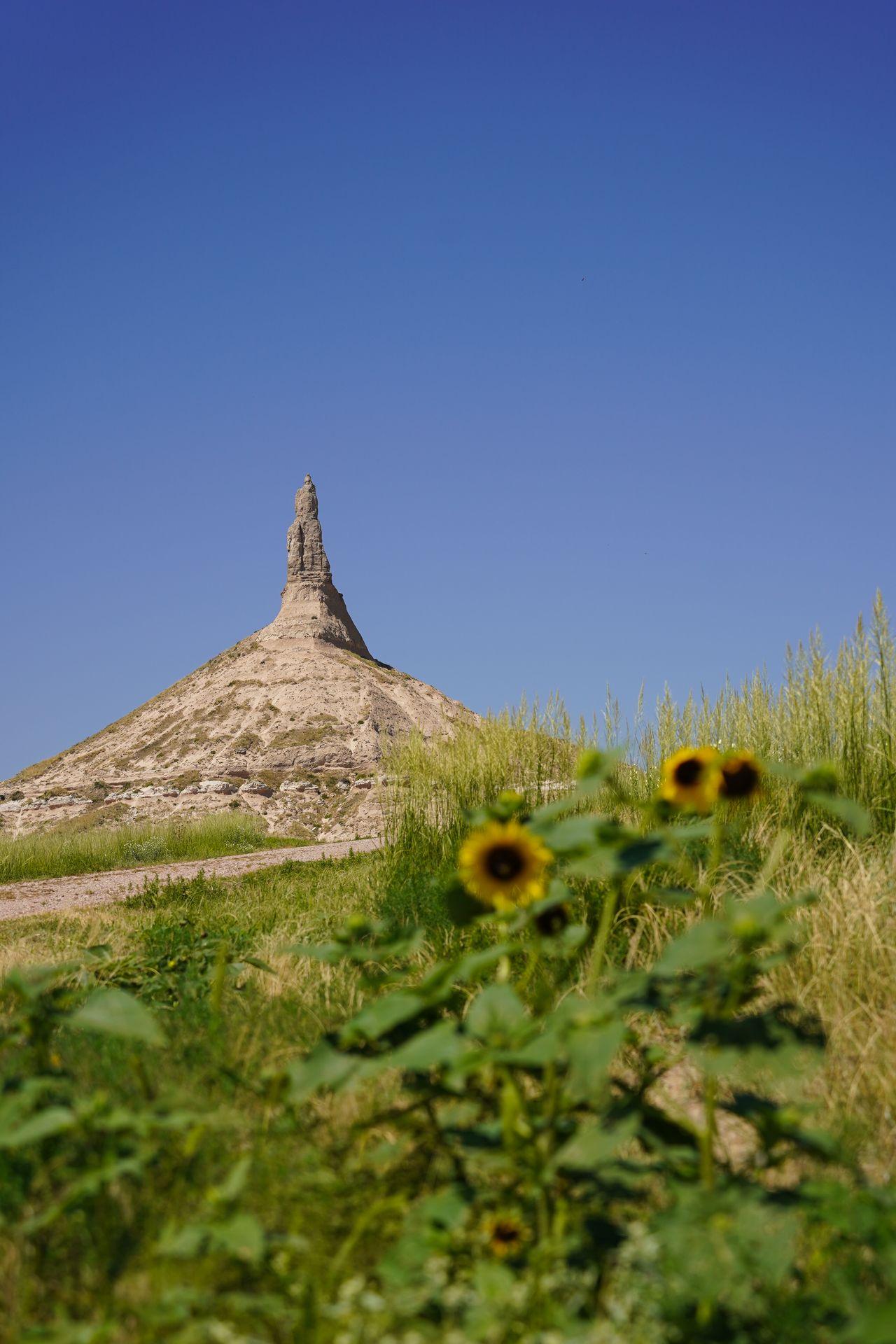 A huge rock face with a point that resembles a chimney, and sunflowers in the foreground