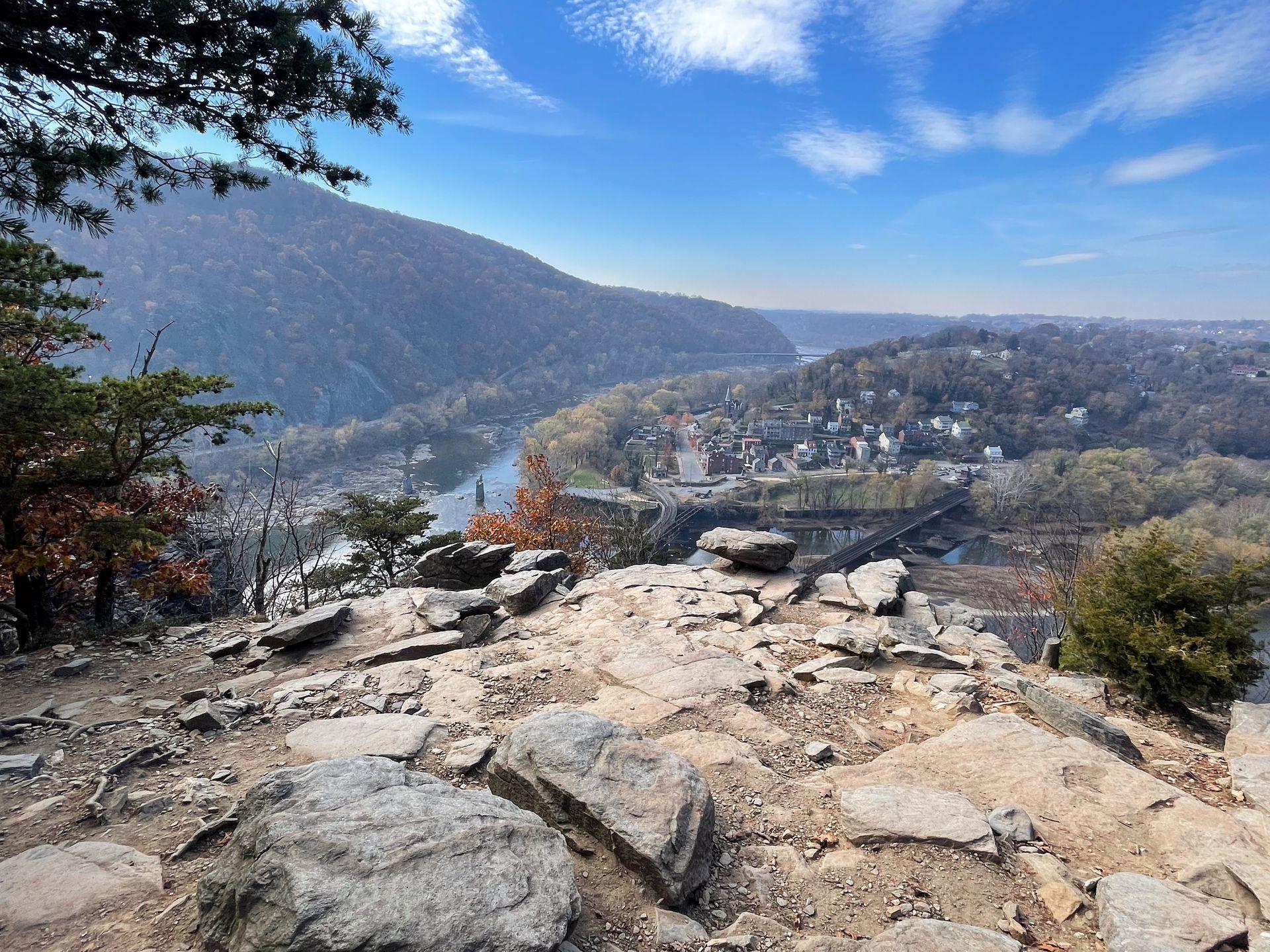 Looking down at the village of Harpers Ferry and the meeting of rivers from the Maryland Heights Trail