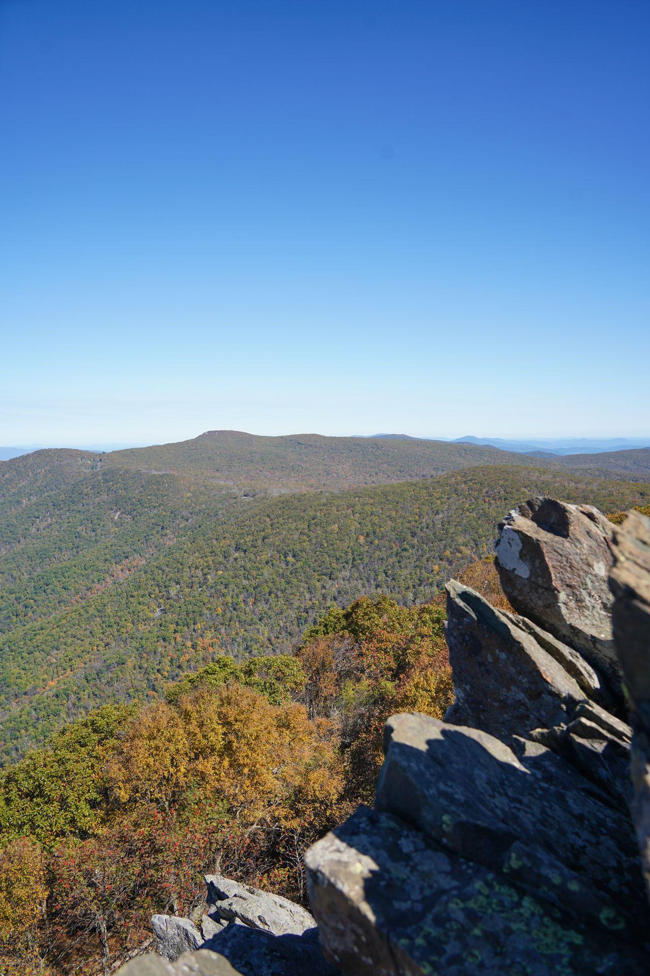 A view of mountains covered in green trees and jagged rocks in the foreground