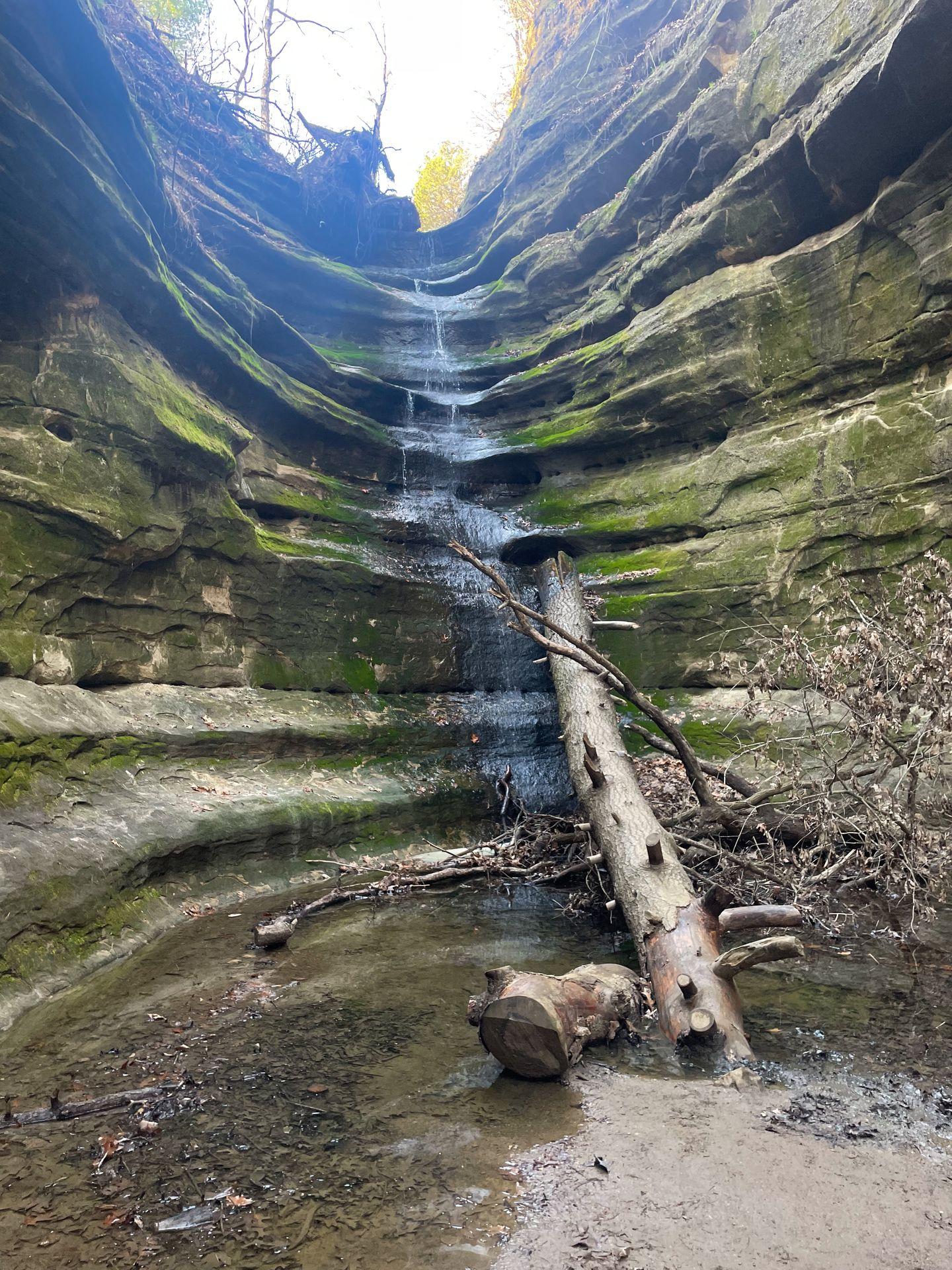 A rocky cliff with moss with a waterfall flowing down