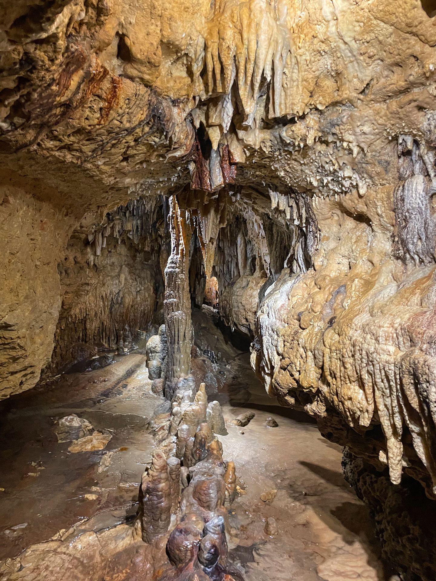 Stalactites and stalagmites meeting each other inside of Cave of the Mounds