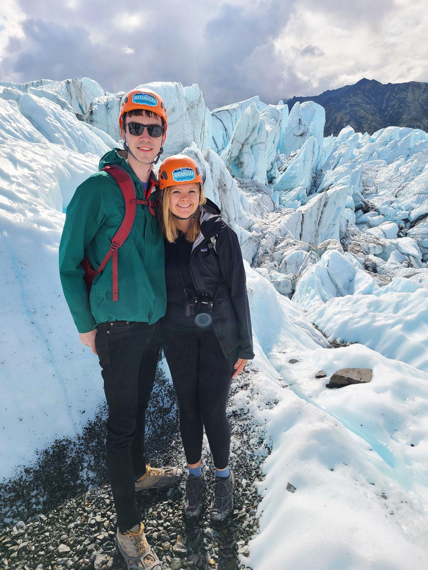 Lydia and Joe wearing helmets during the tour of Matanuska Glacier.