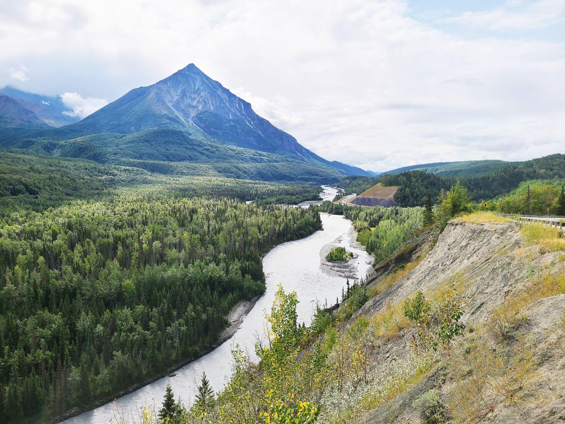 A view of the Matanuska River with a mountain in the background and beautiful greenery on the shores.