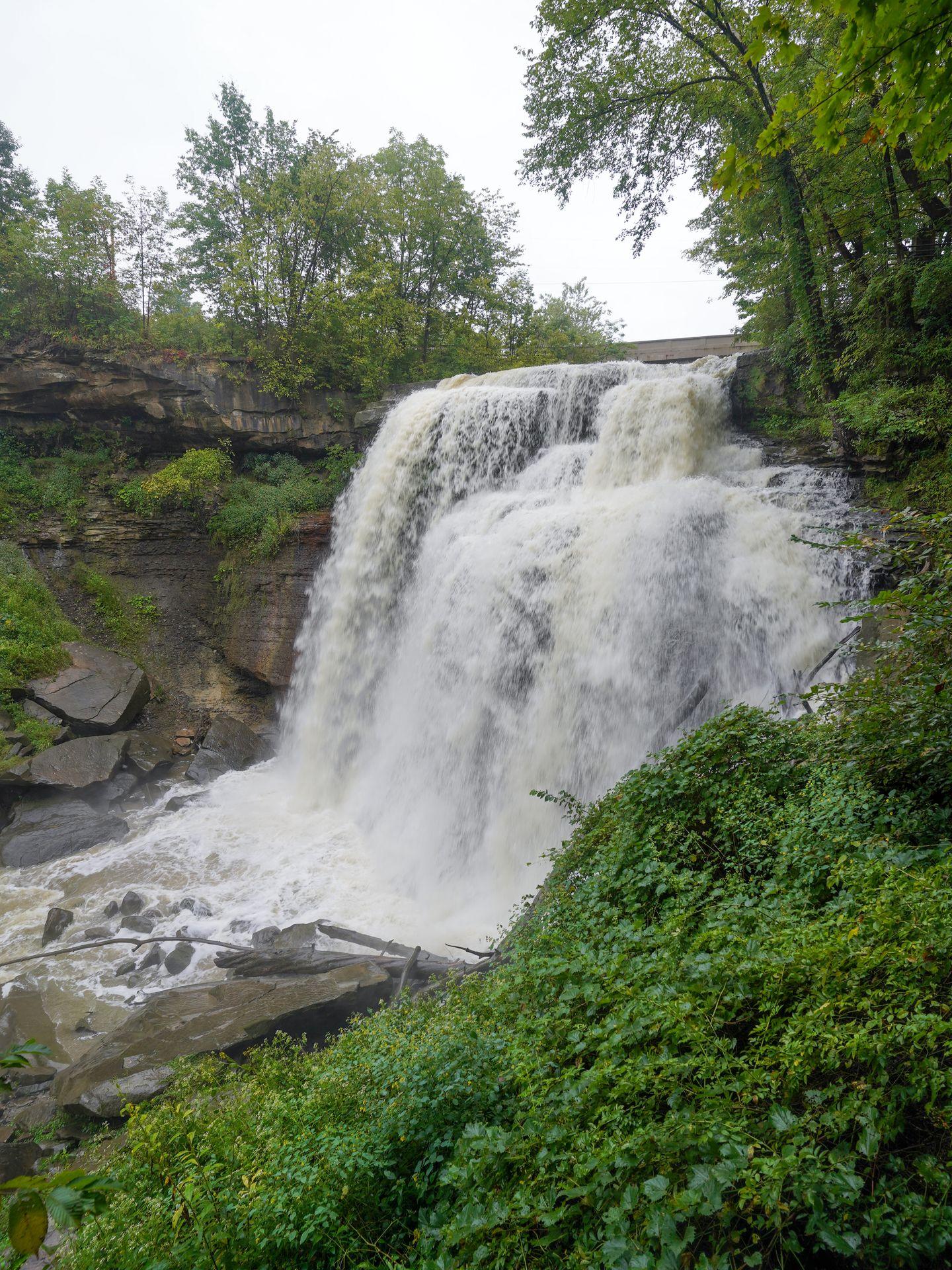 A View of Brandwine Falls with the water flowing strongly.