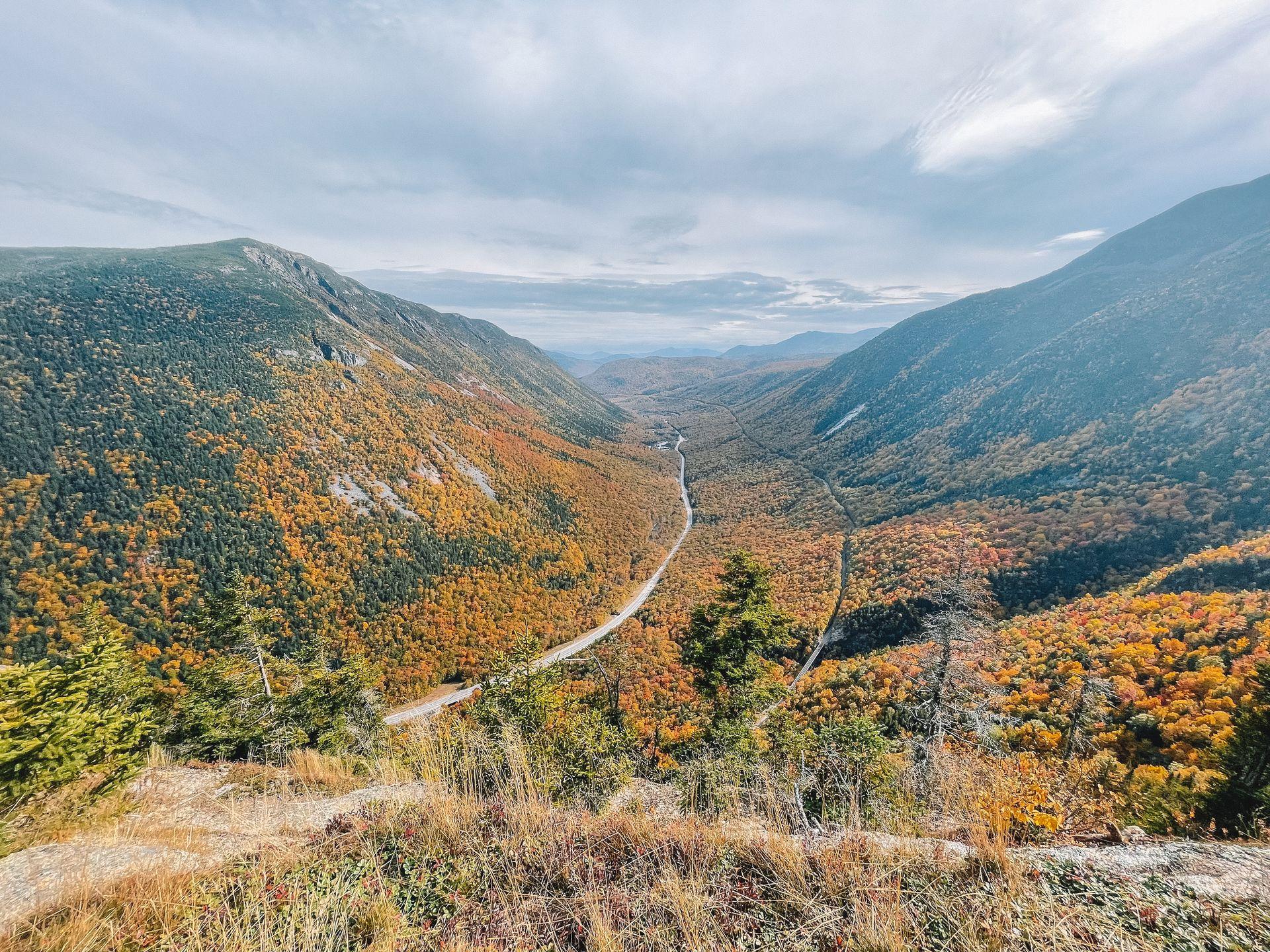 The view from Mount Willard. There is a road in the center of two mountains and the hills are covered with orange foliage.