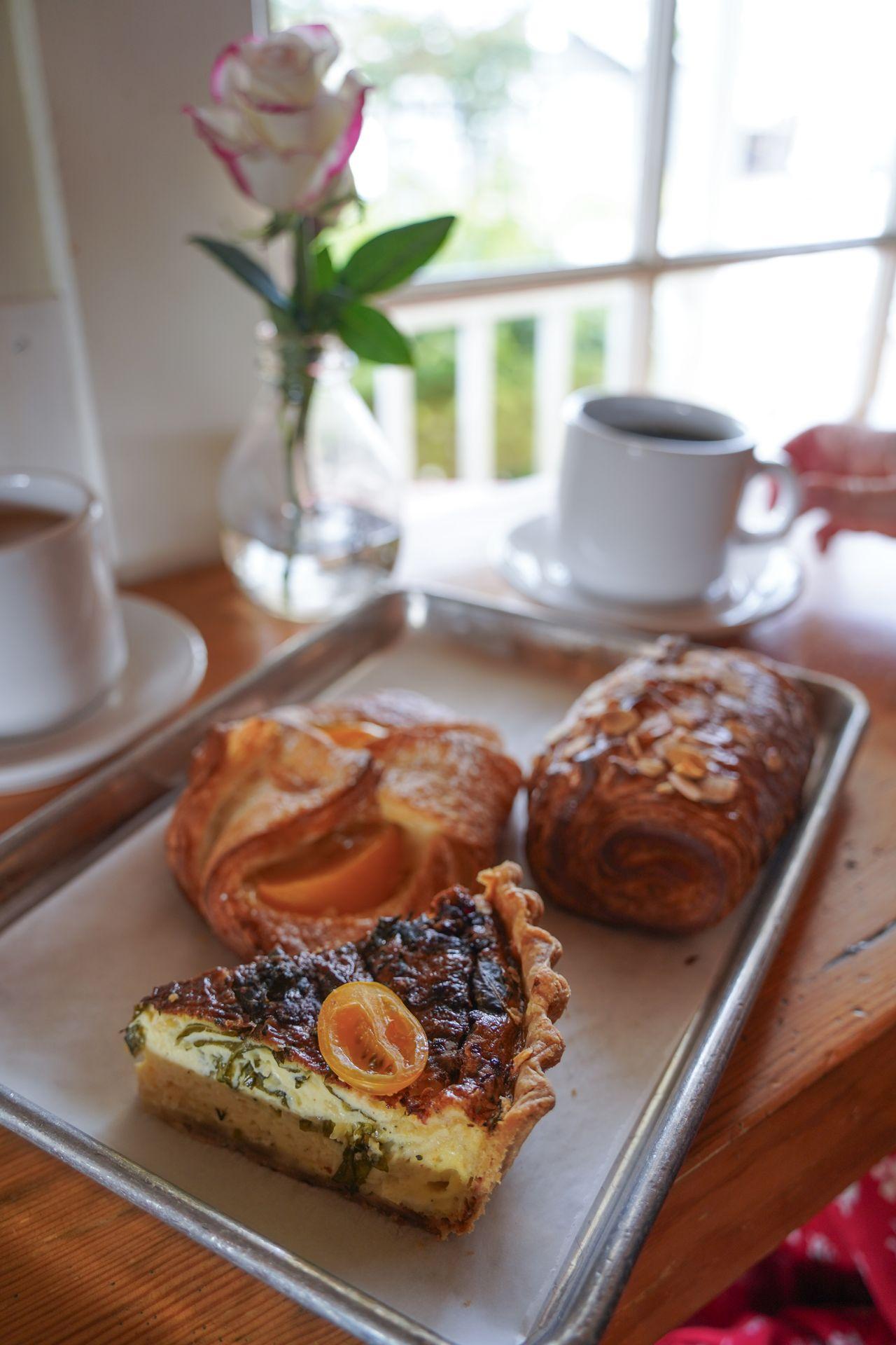 A slice of quiche and 2 pastries from Brown Bear Baking