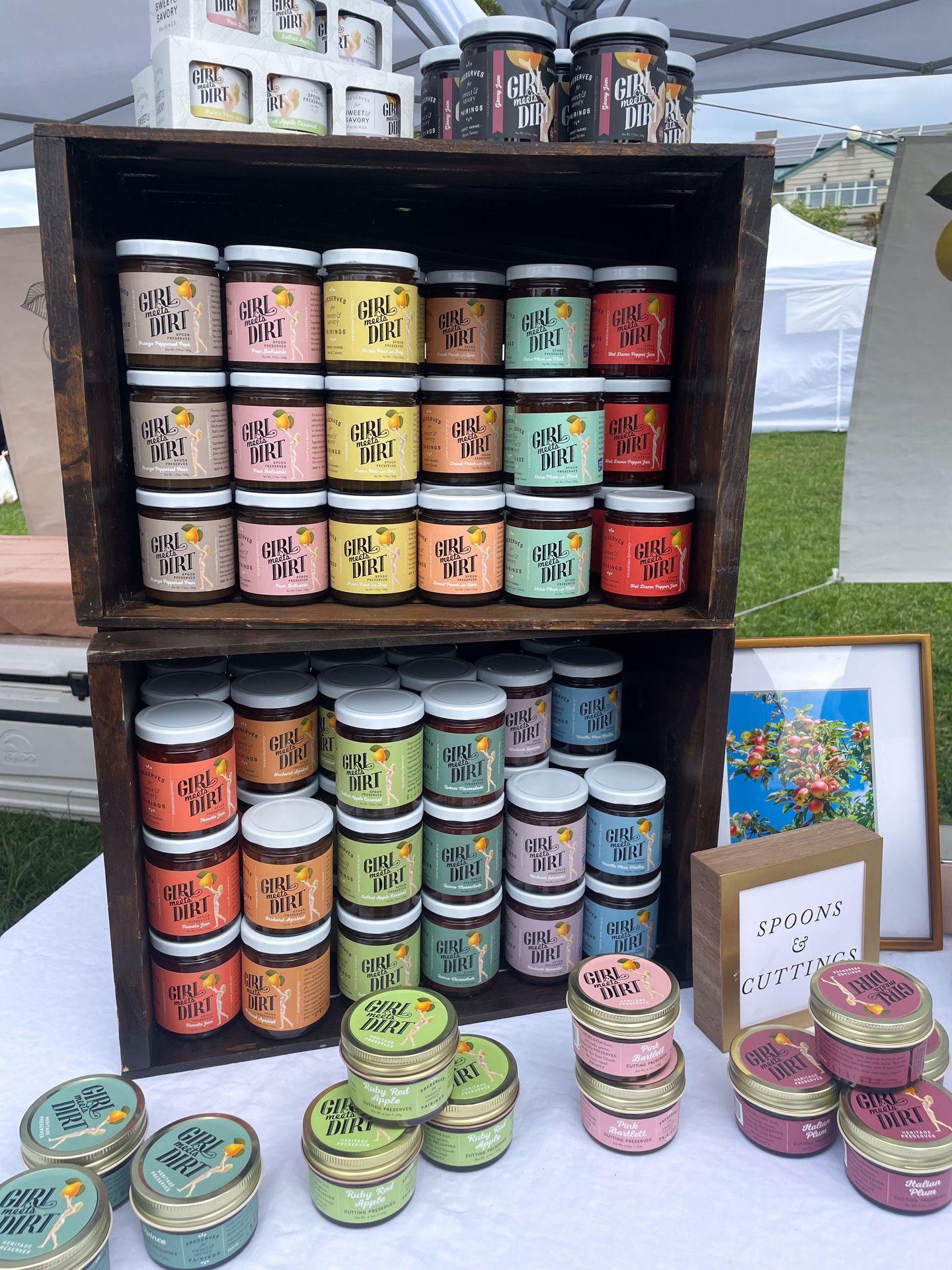 Colorful jars of preserves from Girl Meets Dirt at the Eastsound Farmer's Market