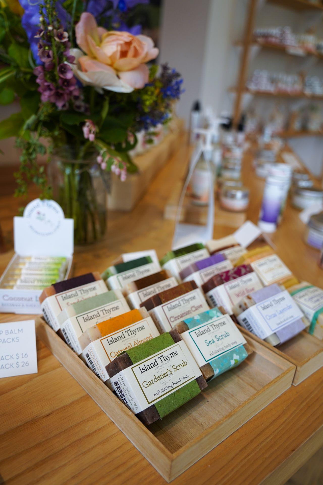 Rows of colorful soaps in Island Thyme Botanicals