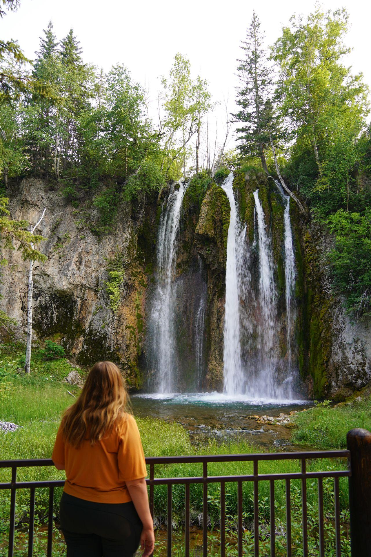 Lydia admiring Spearfish Falls from behind a fence