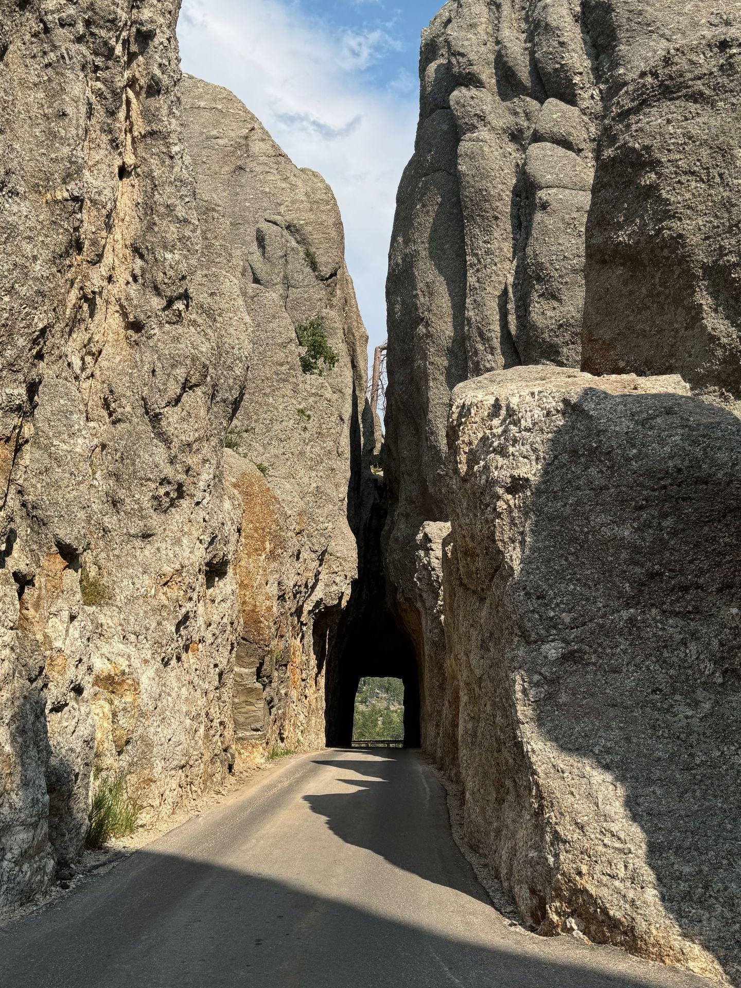 A narrow tunnel of rocks around a road