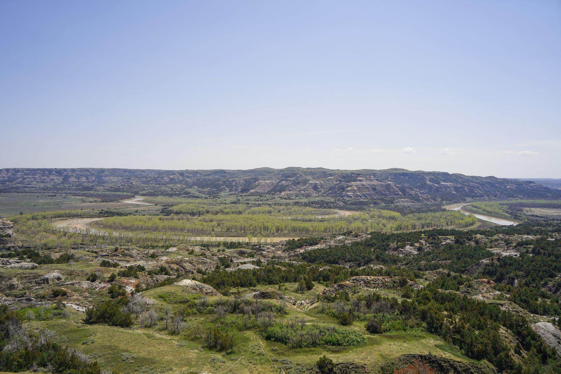 A large bend in the Little Missouri River seen at the Oxbow Overlook