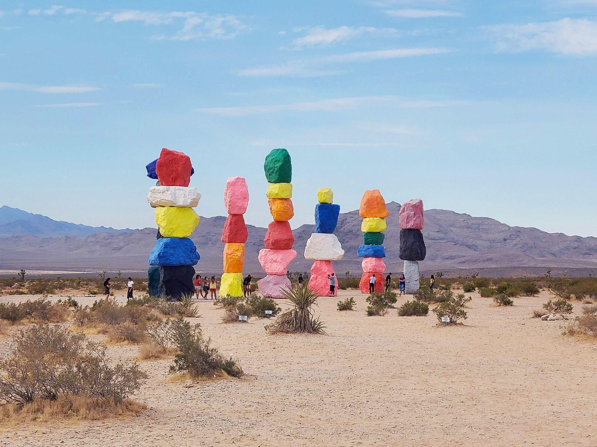 Seven towers of colorful rocks in the Nevada desert.