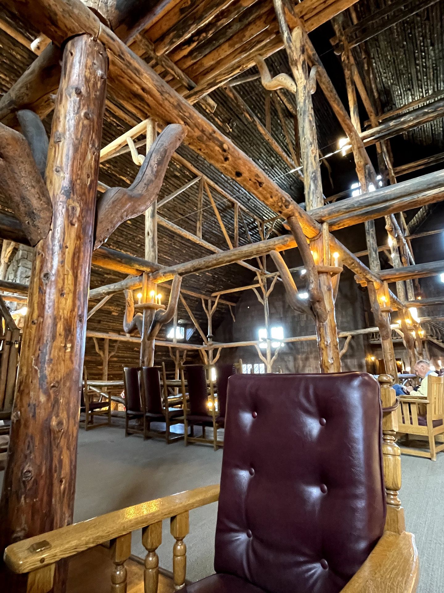 A look at the log beams inside the lobby of the Old Faithful Inn.