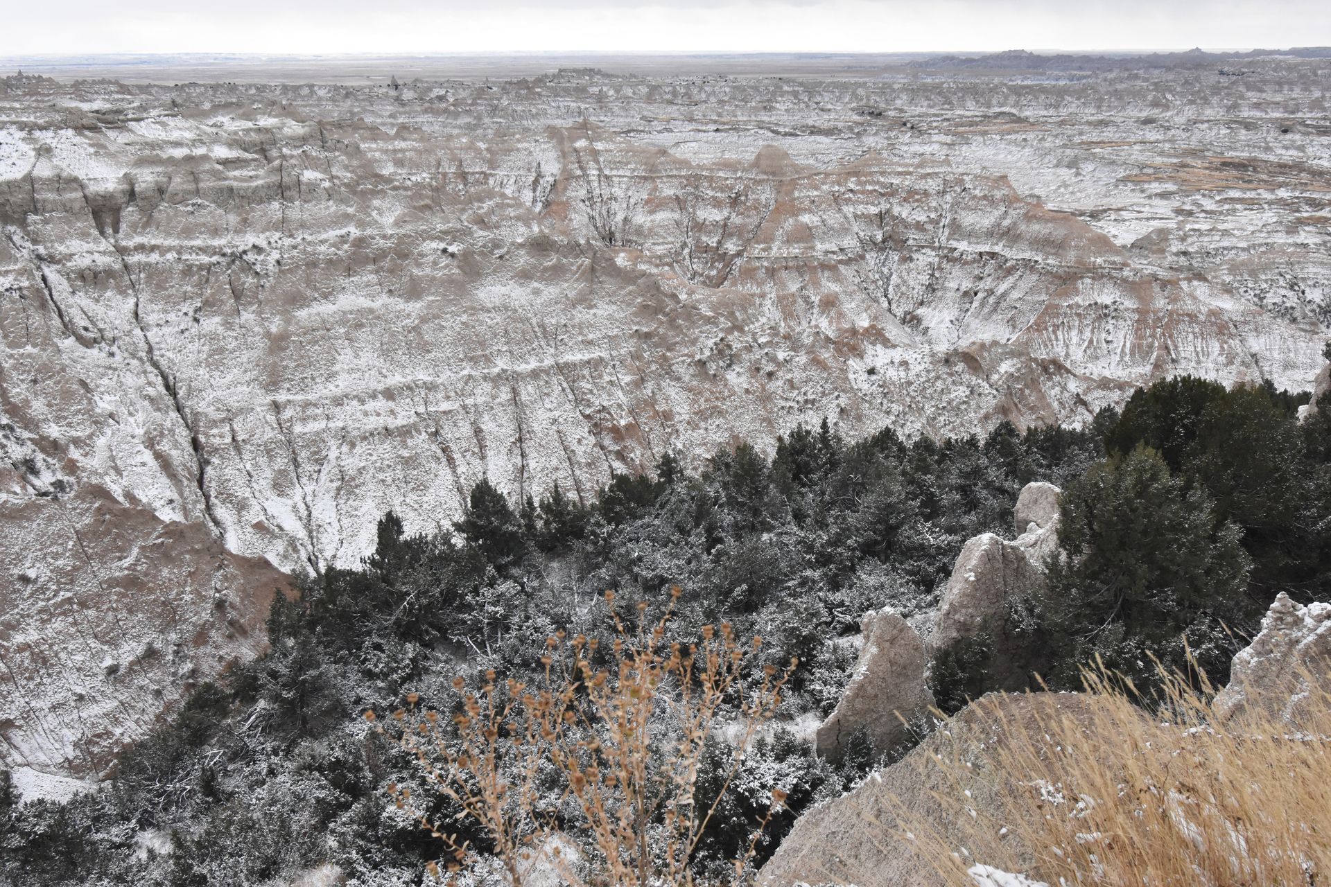 The Pinnacles Overlook dusted in snow at Badlands National Park
