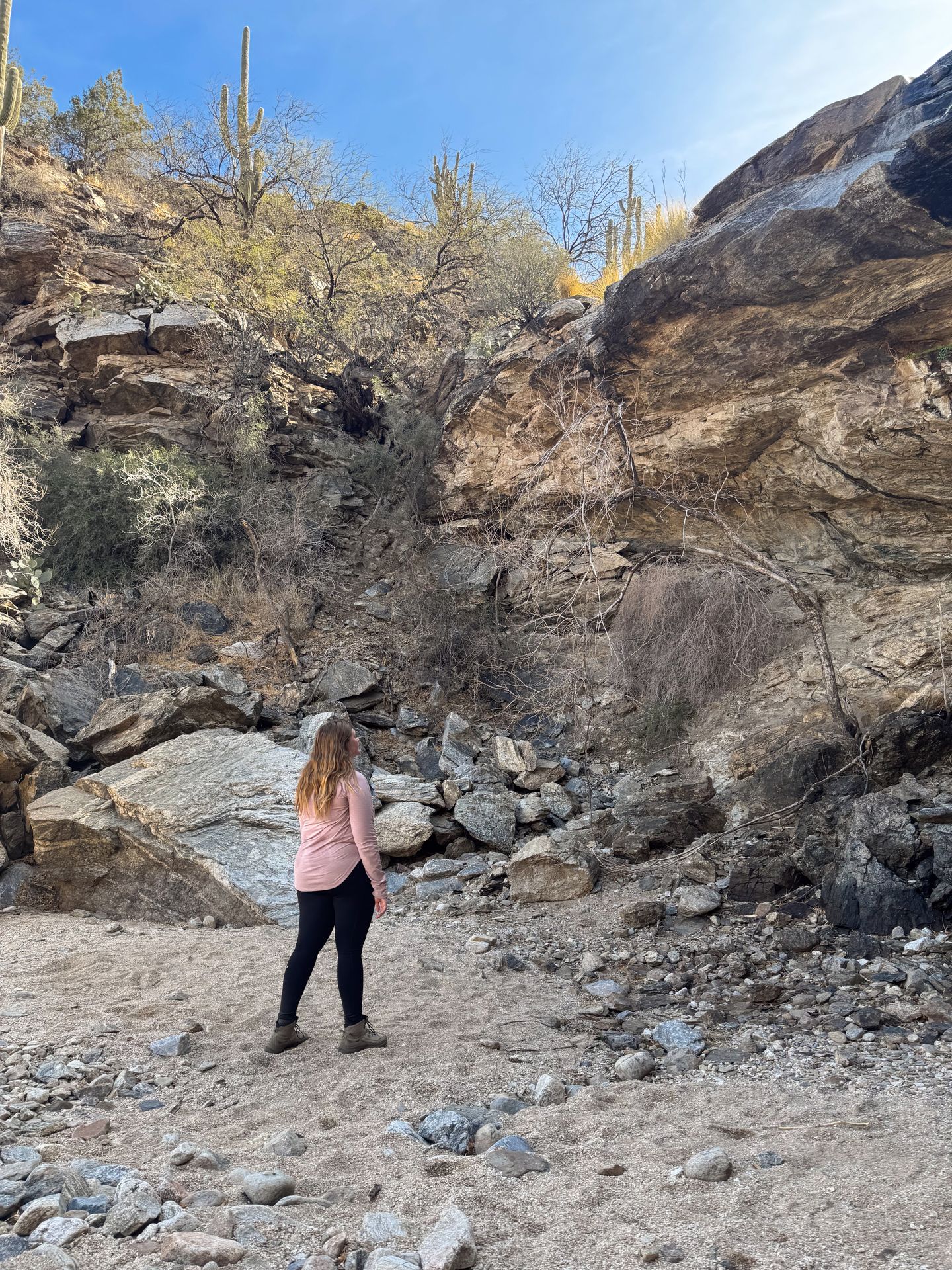 Lydia standing in front of a dry waterfall