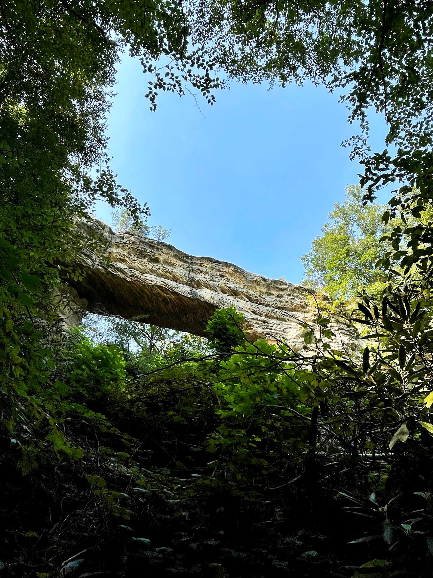 Looking up at a large natural rock bridge