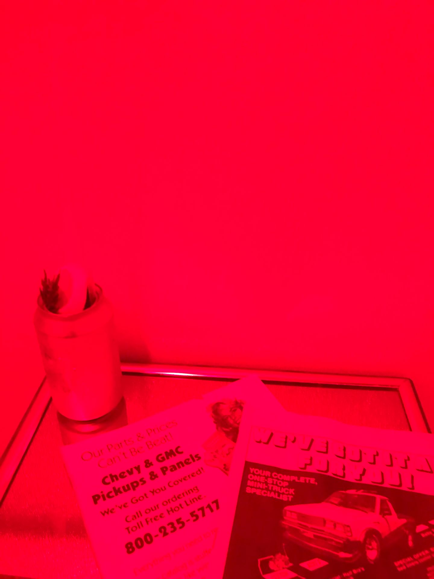 A wall covered in red light at the Little Brother Bar on Rainey Street.