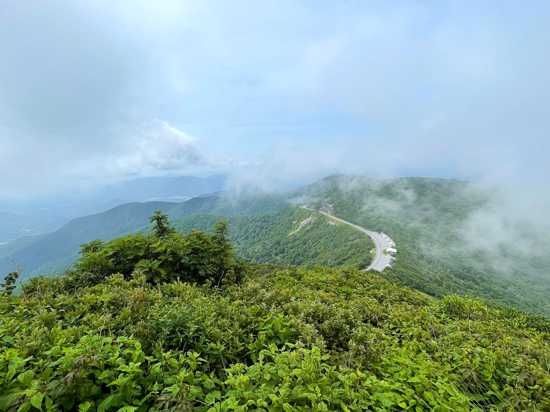 A view from above the Blue Ridge Parkway with a bit of fog clinging to the mountains.