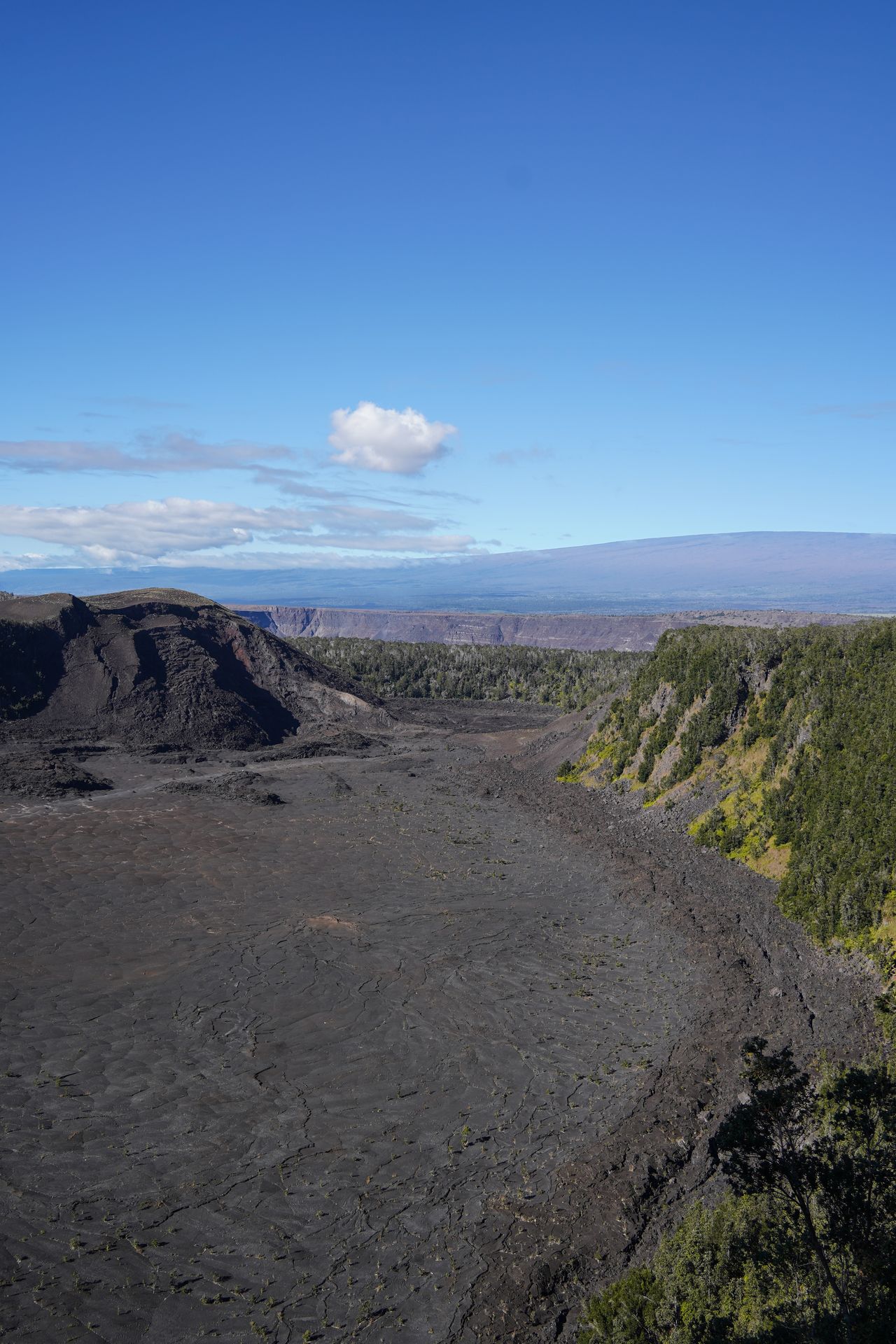 Looking down at a massive crater in Hawaii Volcanoes National Park