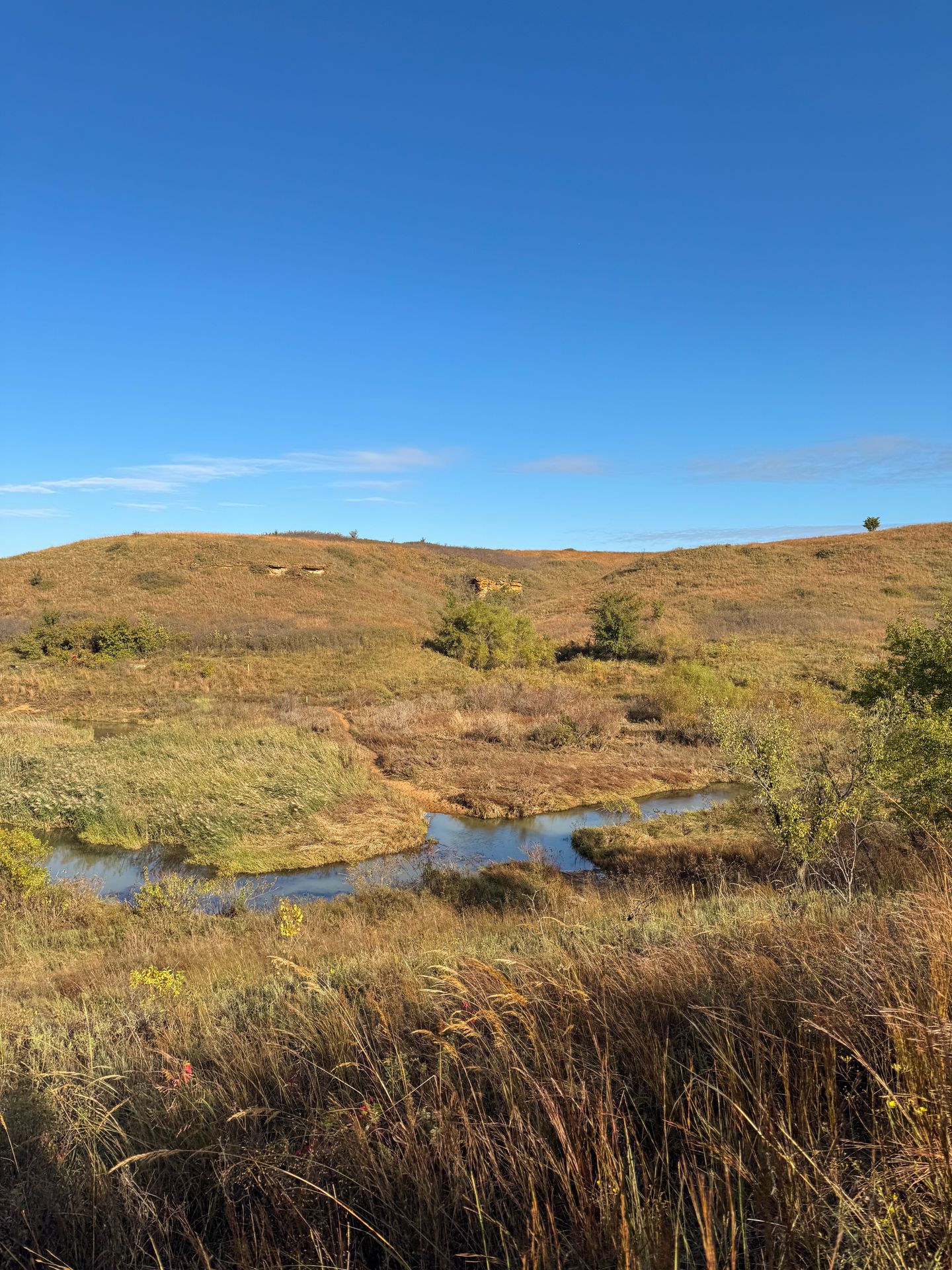 A view of a stream and rolling hills at Kanopolis State Park