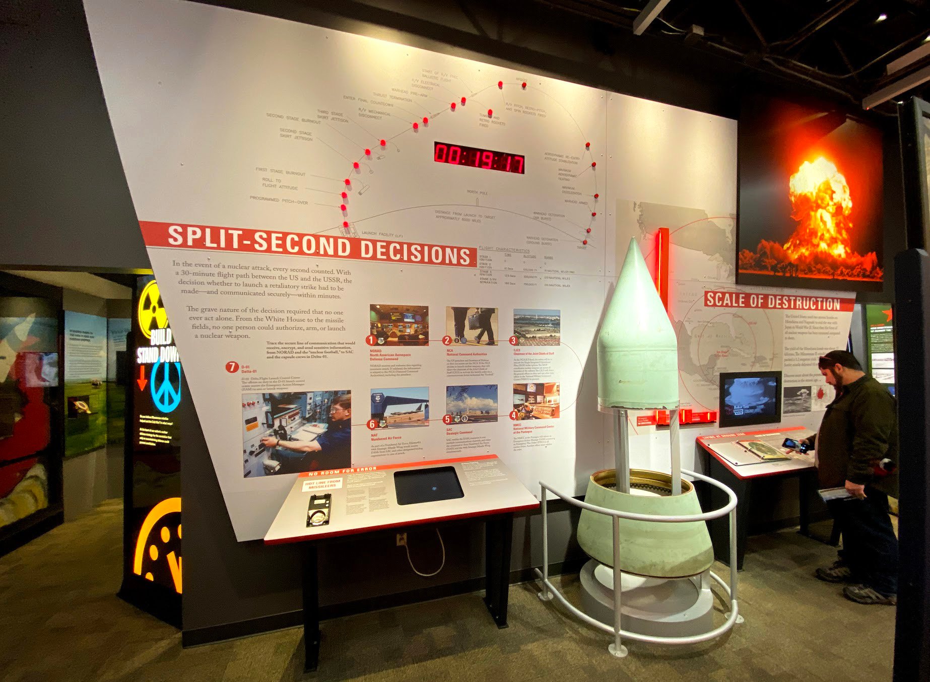An exhibit inside the Minuteman Missile Museum about split-second decisions.