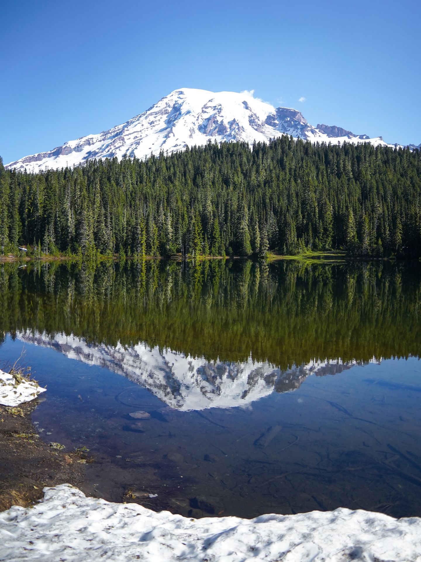 Looking at a reflection of Mount Rainier in a lake