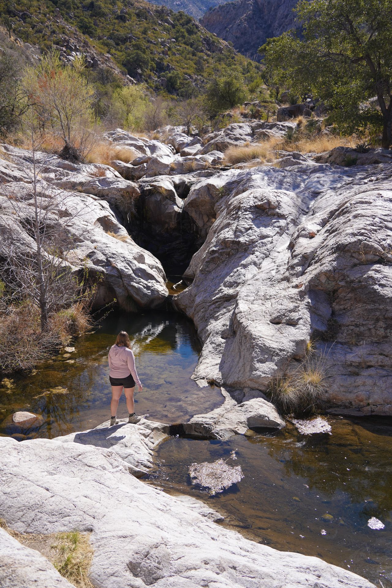 Lydia standing and looking at a waterfall on the Romero Pools Trail