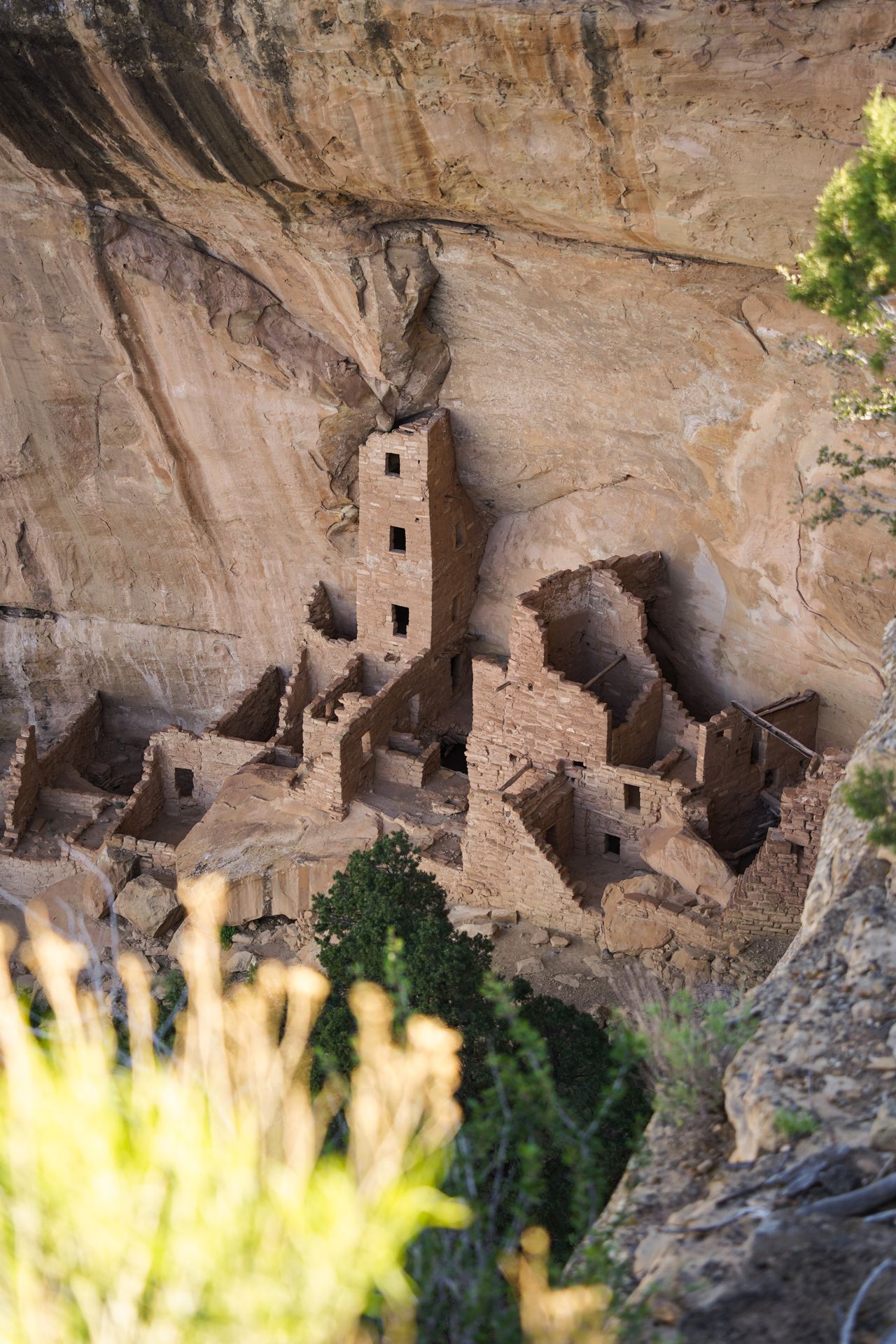 Looking down over the Square Tower House, which has a tall tower