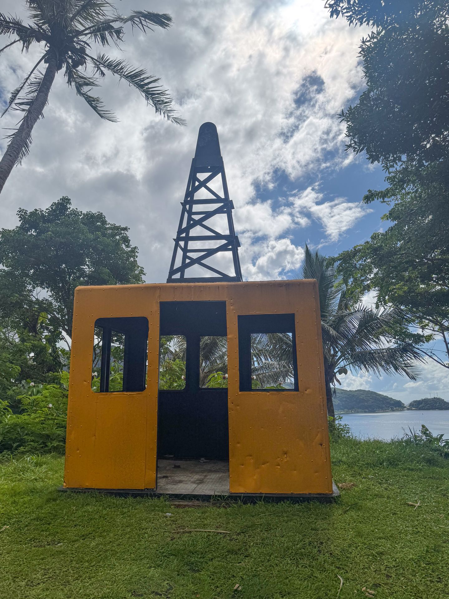 A yellow tramway that was previously used to transport people high above the harbor