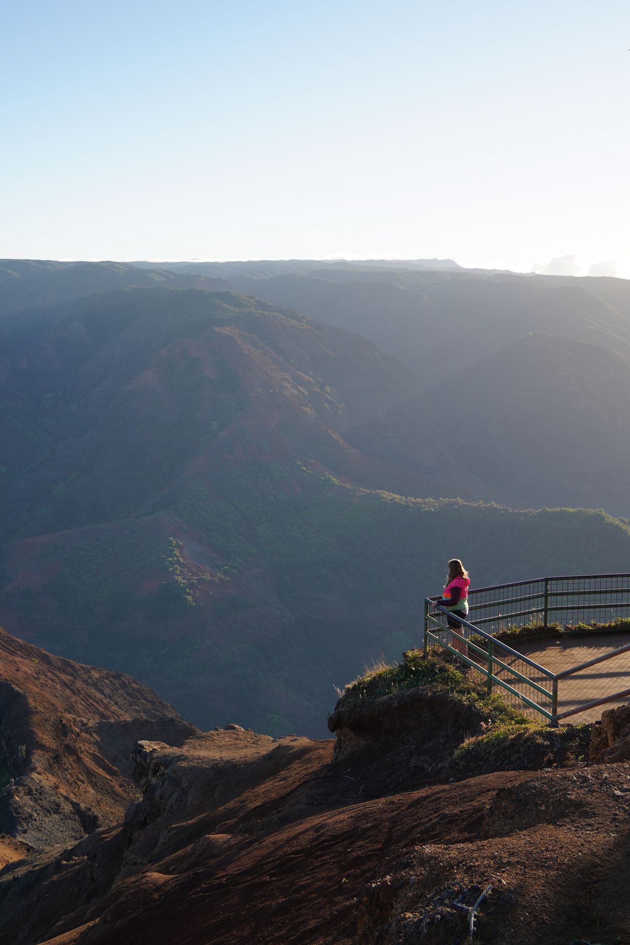 Lydia standing at a fence and looking out into Waimea Canyon